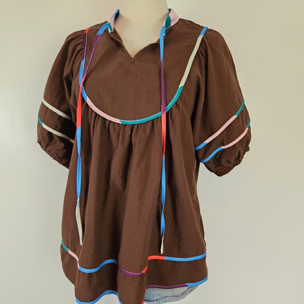 Cicy Bell Puff Sleeve Babydoll Top Blouse Sz M Brown